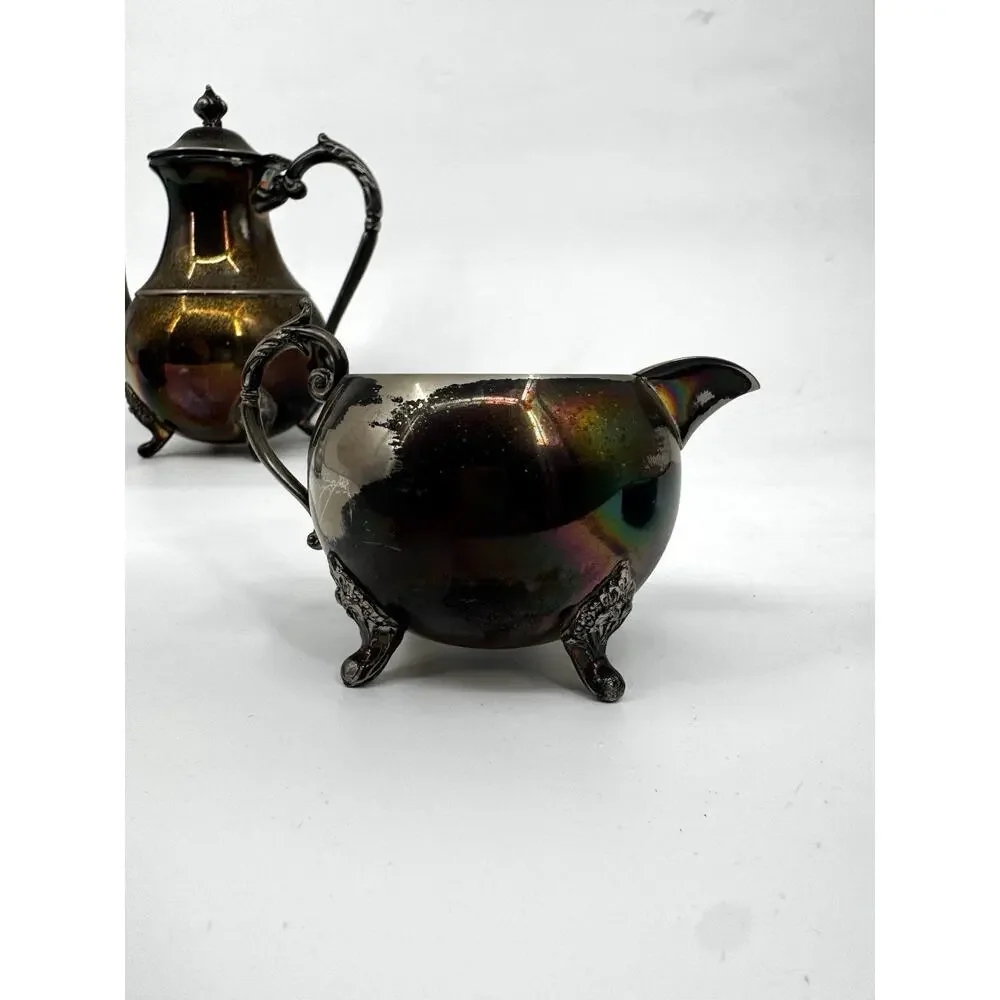 SMP Co Silversmiths Vintage Tea Set Silver on Copper Teapot Creamer Sugar